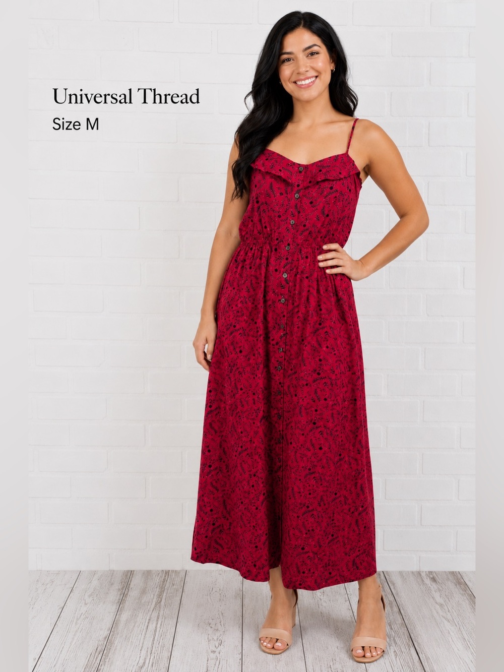 Universal Thread Red Floral Button Front Maxi Dress Women’s boho festival Size M